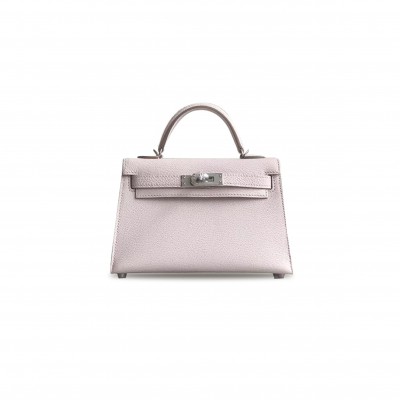 HERMÈS MINI KELLY II SELLIER MAUVE PALE CHEVRE PALLADIUM HARDWARE (19*12*5.5cm)